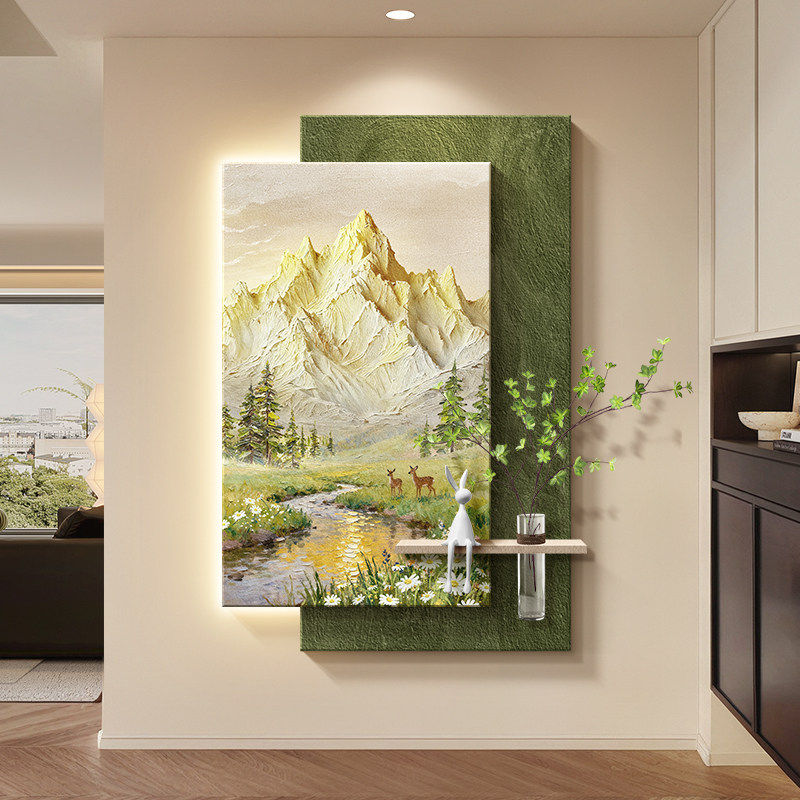 奶油风入户门玄关装饰画日照金山走廊过道挂画水培绿植正对墙壁灯