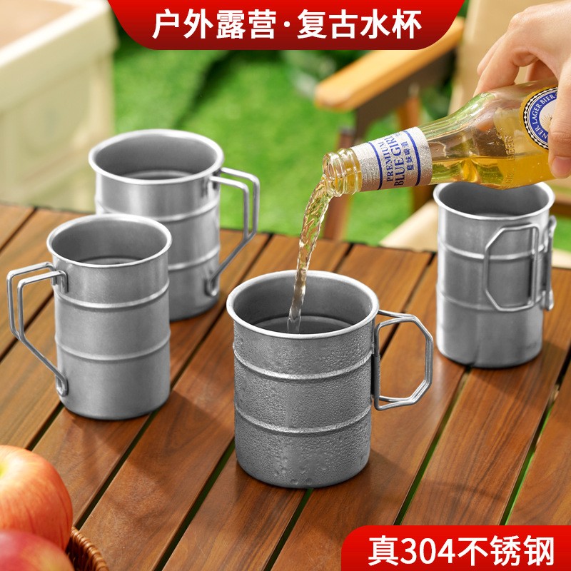 进口304不锈钢马克杯户外露营水杯便携式可折叠手柄防烫饮水杯咖