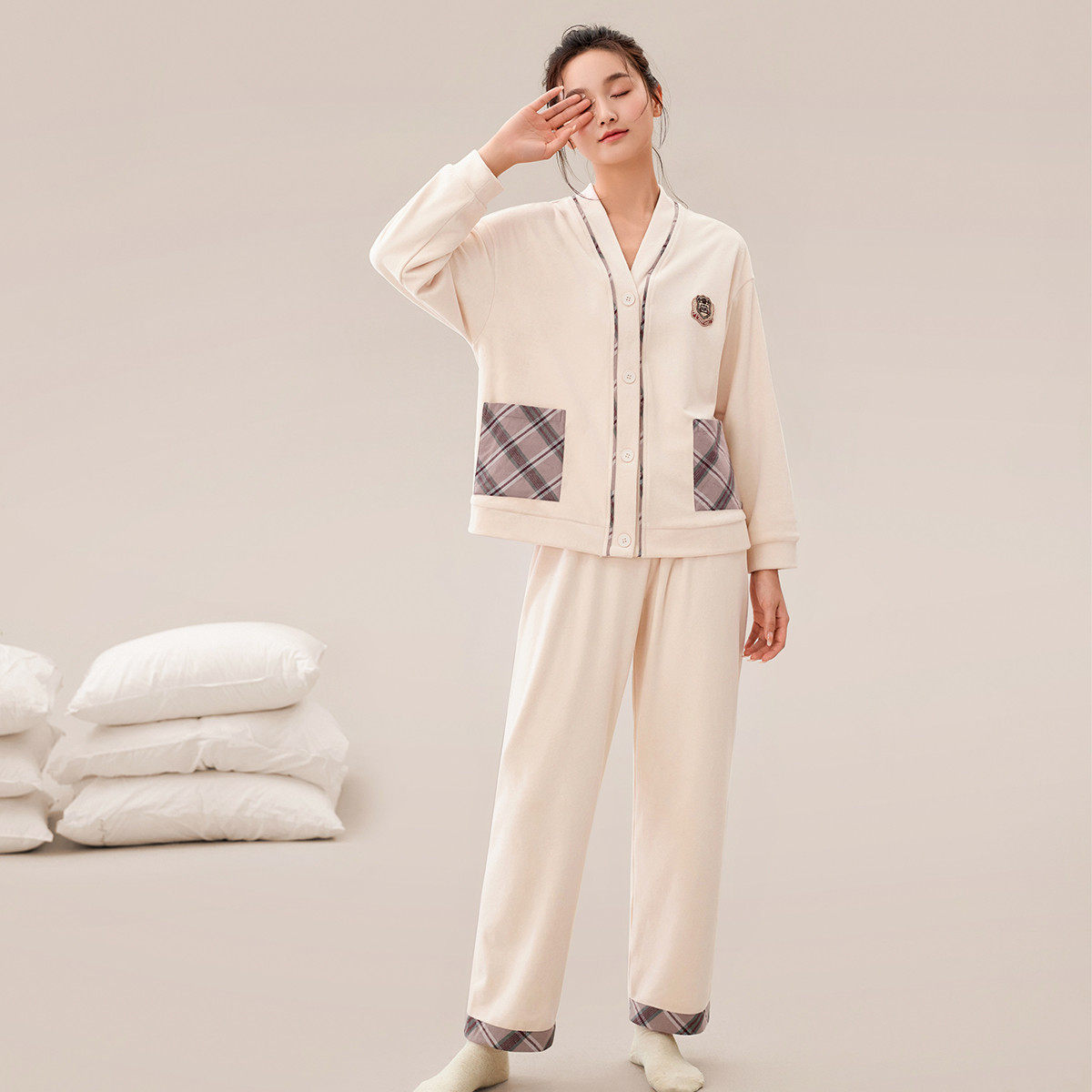 安之伴秋冬季睡衣女海岛绒长袖开衫保暖简约高级感宽松休闲家居服