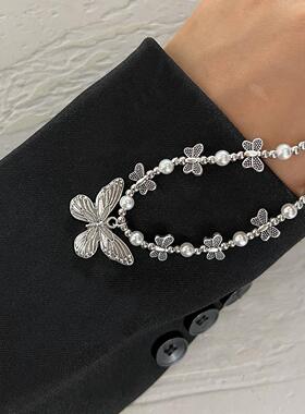 butterfly Pearl necklace women珍珠锁骨炼覆古蝴蝶吊坠项炼女