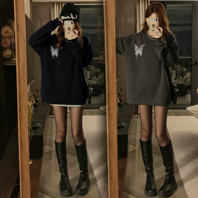 实拍大码胖MM秋冬美式复古圆领套头宽松显瘦长袖卫衣个性蝴蝶印花