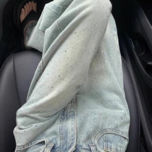 设计感镶钻牛仔裤女春季显瘦裤子高腰直筒裤宽松阔腿裤拖地裤长裤