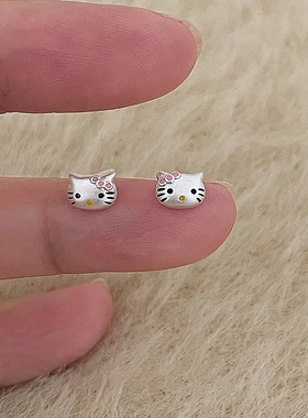 s925纯银可爱HelloKitty耳钉学生养耳洞睡觉免摘耳环防过敏耳饰品