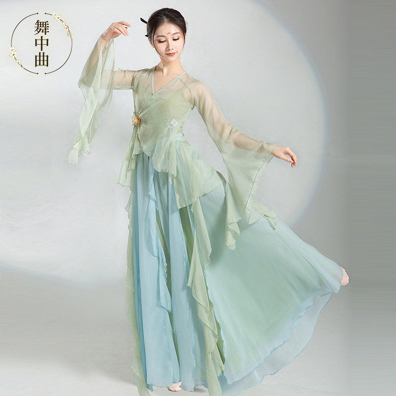 舞中曲古典舞蹈服女飘逸仙气身韵纱衣练功服中国舞剧目演出服套装_虎窝淘
