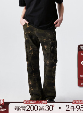 新因素美式复古炮弹迷彩工装牛仔裤宽松修身男款伐木高街微喇裤子