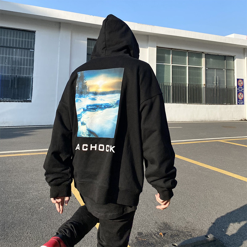 a chock 冰川雪地风景印花卫衣连帽美式高街宽松休闲情侣帽衫潮