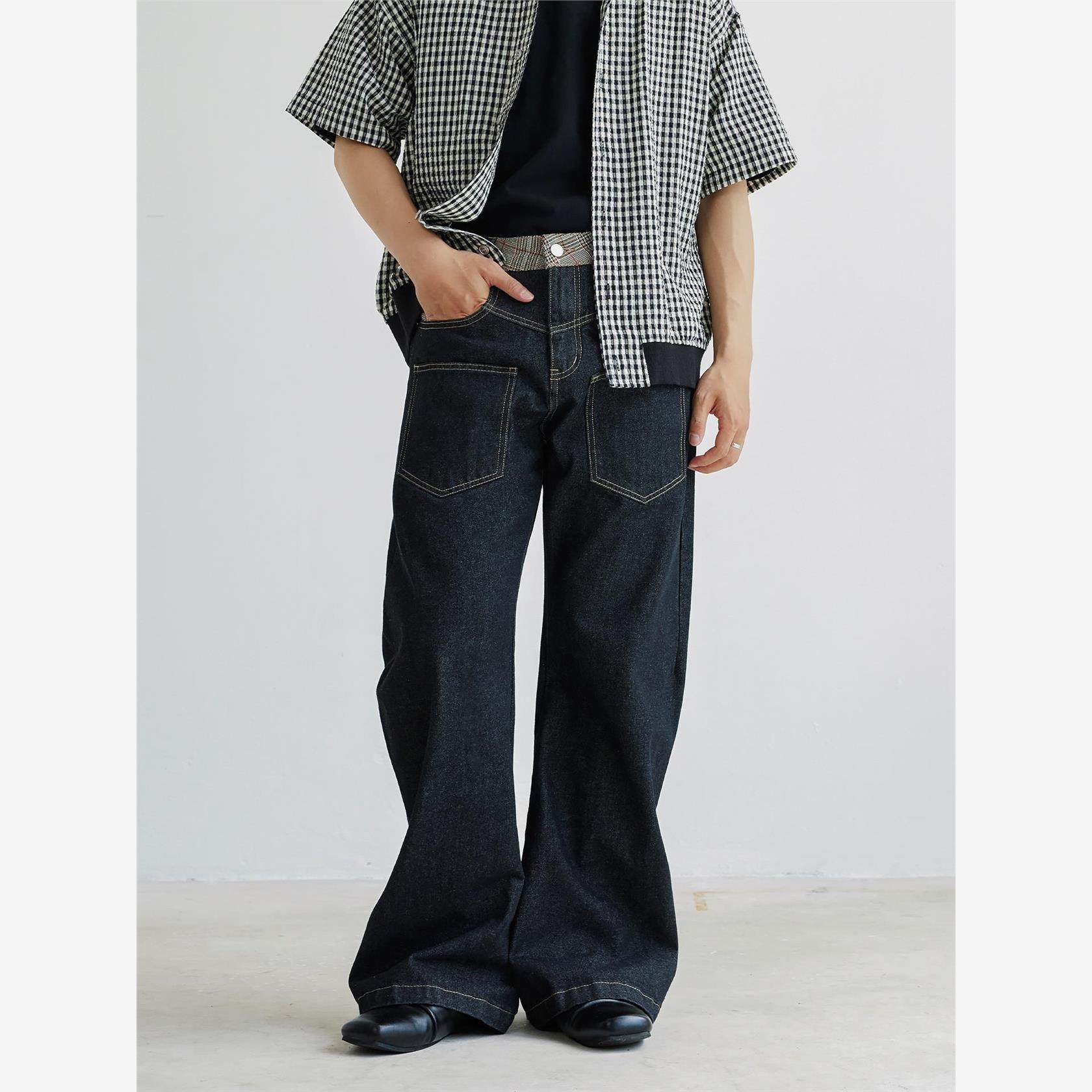 新因素美式千鸟格拼接弯刀牛仔裤男女款反向的裤赤耳原牛宽松长裤