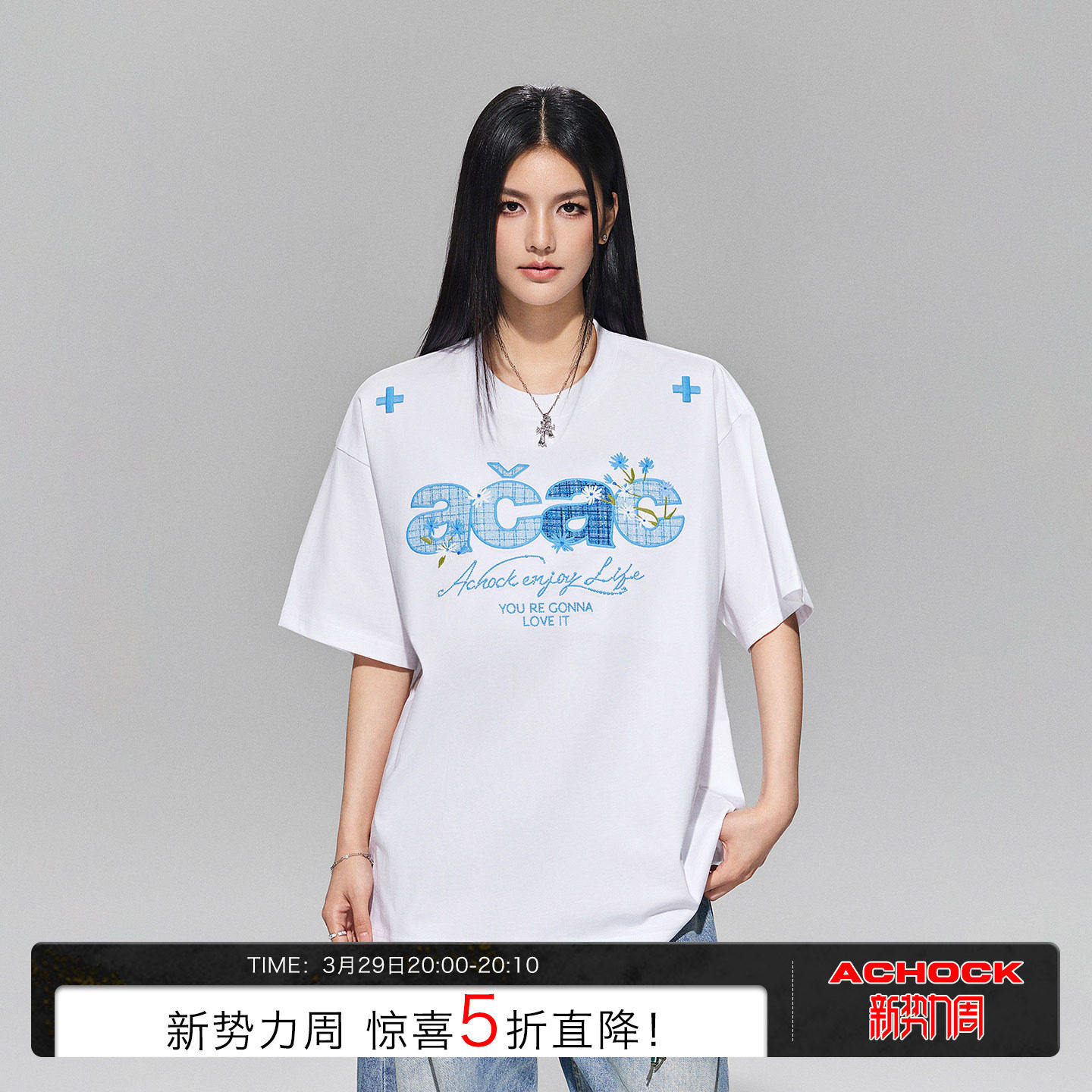 【Achock官方店】acac系列格子拼接花朵刺绣圆领短袖新款半袖T恤
