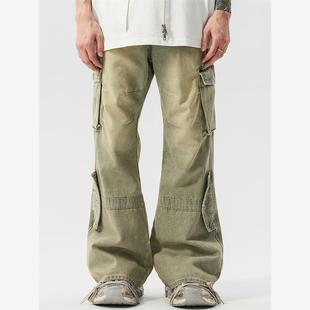 微喇叭复古水洗多口袋vibe裤 牛仔裤 子男 做旧黄泥染工装 新因素美式