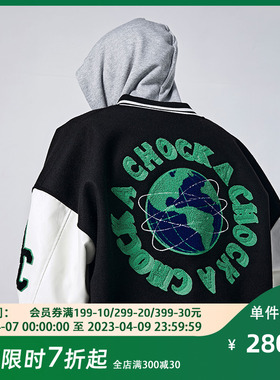 A chock国潮原创绿色刺绣美式棒球服潮woo专属落肩袖夹克情侣外套