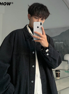 VISHOW黑色牛仔外套男秋季复古翻领工装夹克ins潮牌潮牌休闲上衣