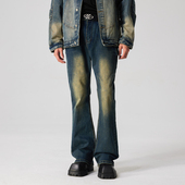 男女水洗做旧深蓝宽松潮流直筒休闲长裤 新因素美式 高街微喇牛仔裤