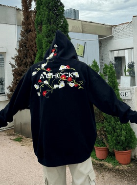 【Achock店】美式街头花卉背影杀刺绣潮牌宽松连帽加绒卫衣男女