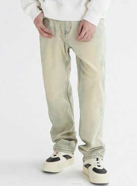 新因素水洗烟灰色弹力牛仔裤男春夏款做旧复古美式直筒裤男女同款