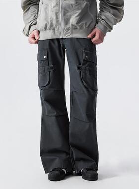 新因素美式高街宽松工装裤多口袋膝盖折叠褶皱男款直筒垂感牛仔裤