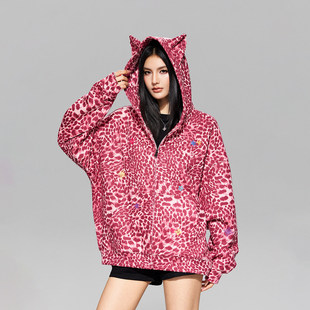 【Achock官方店】创意猫耳设计豹纹满印情侣连帽卫衣氛围感外套男