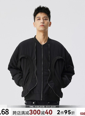 新因素假两件外套男秋冬棒球领拉链设计感小众不规则潮牌黑色上衣
