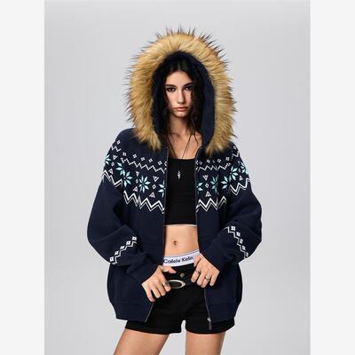 【Achock官方店】潮牌费尔岛花纹印花连帽卫衣高街情侣毛领外套男