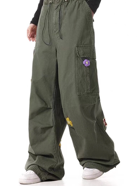 SWAG复古多口袋直筒工装裤男女美式宽松花刺绣伞兵裤