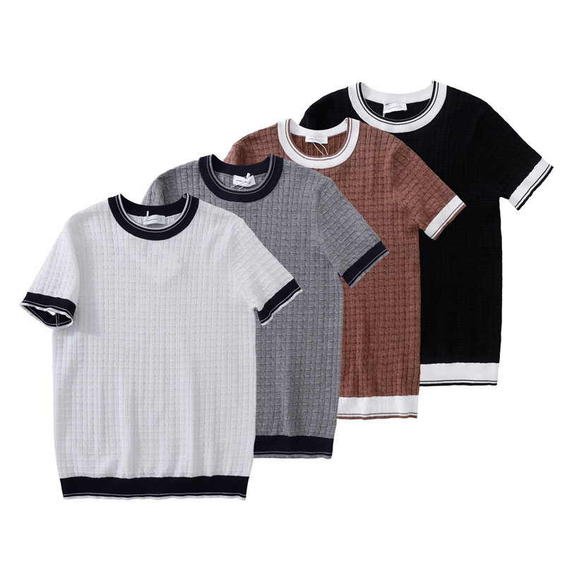 慵懒随性！撞色设计！夏季男士外贸弹力修身圆领短袖针织衫T恤