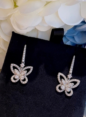 C.F幻影蝴蝶耳环女纯银镂空蝴蝶结满钻简约气质耳坠耳钉18K金钻石