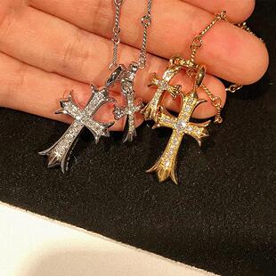 欧美潮流双十字架项链 泰银复古嘻哈纯银男女情侣款毛衣链长款潮