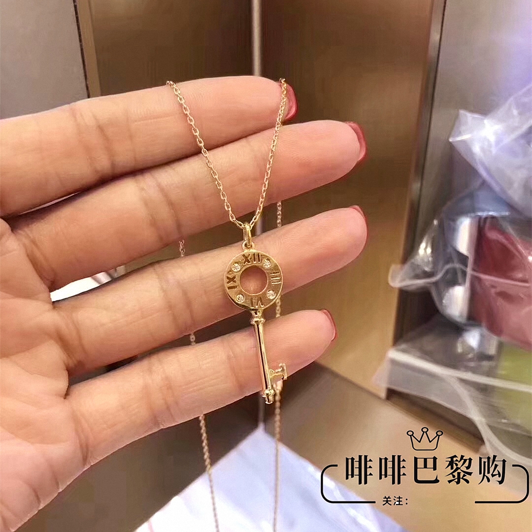罗马数字钥匙项链潮 女纯银镀18K玫瑰金锁骨链长款毛衣链钻石吊坠
