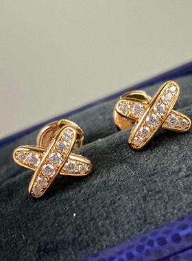 Liens满钻交叉耳钉 女18k金玫瑰金纯银X字母耳环时尚高级感耳饰