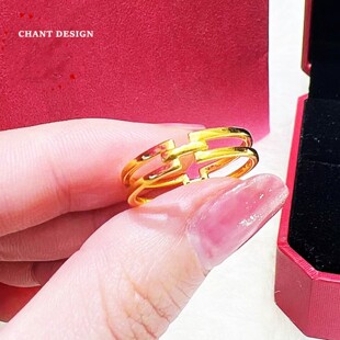 18K金INS风几何H戒指 纯银简约线条设计素圈高级感男女情侣礼物潮