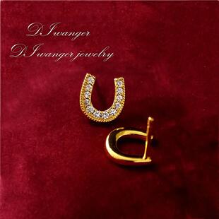 日本925纯银镀黄金色U型耳钉女高级感马蹄形耳环镶钻幸运耳饰礼物
