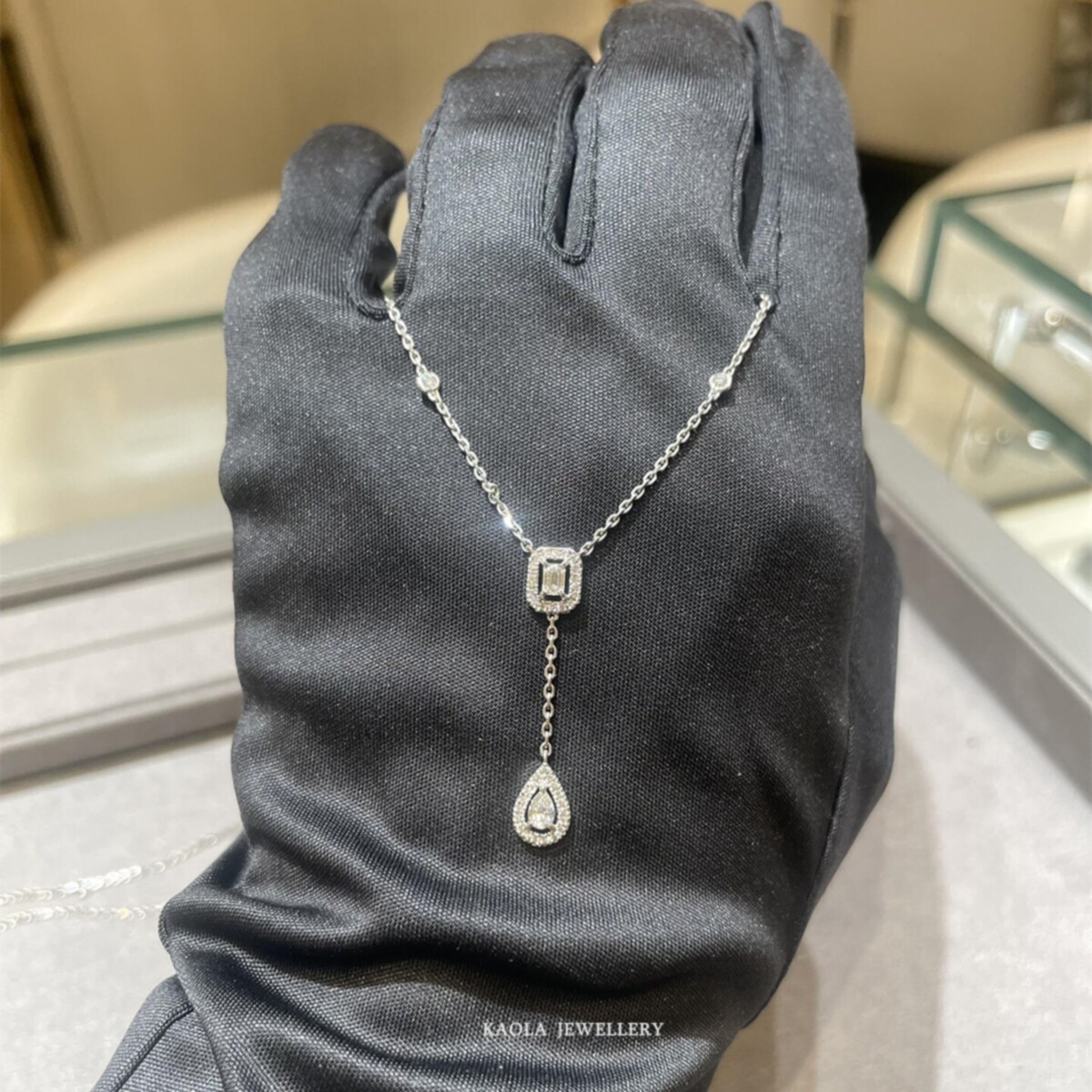 水滴流苏项链 女轻奢白金纯银Y型锁骨链方形钻石高级感小香风礼物
