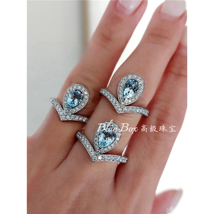 V形约瑟芬海蓝宝戒指女纯银925水滴蓝宝石梨形钻戒排钻指环高级感