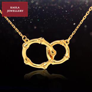 22K金竹节双环项链 女环环相扣纯银镀黄金色竹子圆环锁骨链气质潮