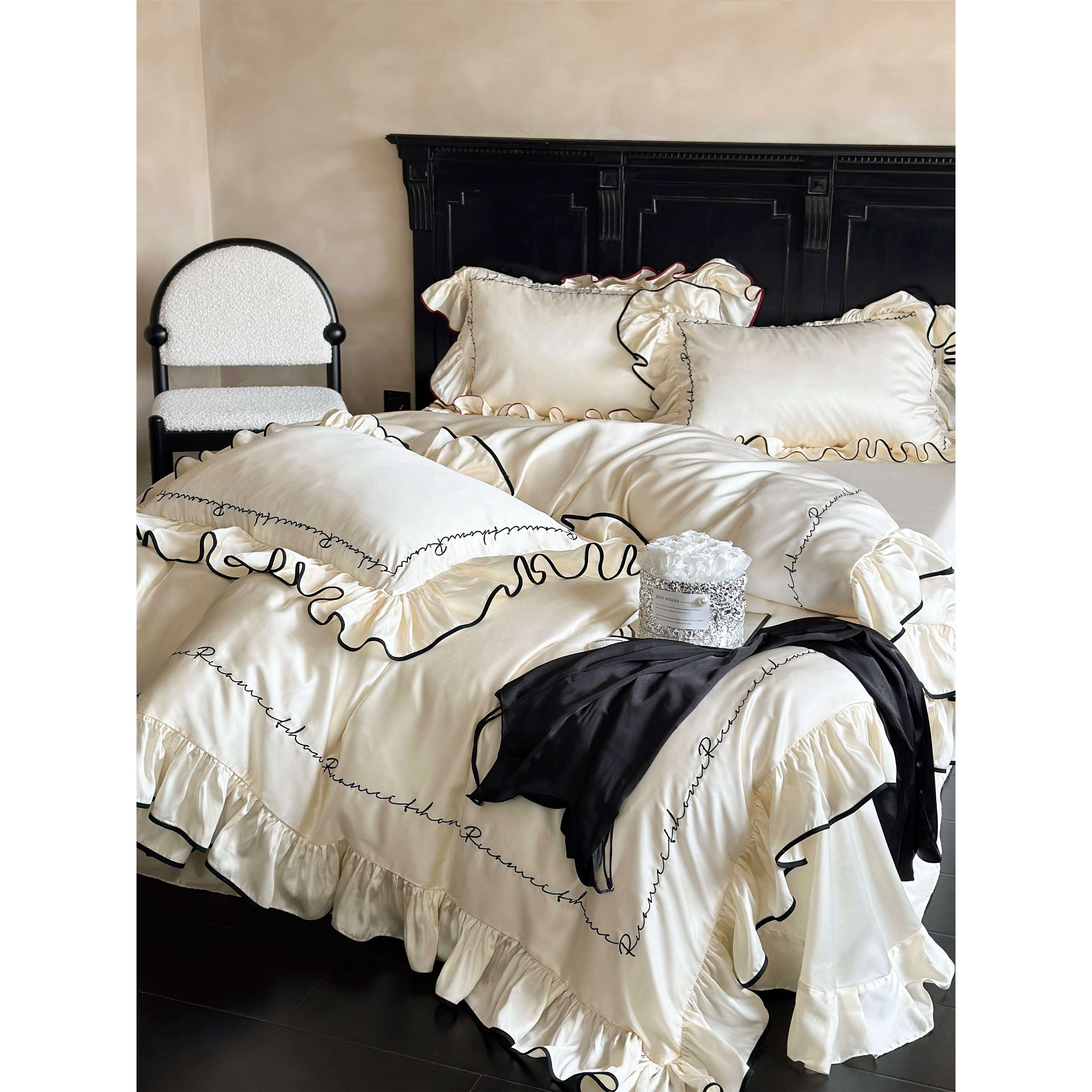 相思︱夏季云卷凉感丝被套滑字母刺绣床单天丝床上四件套法式