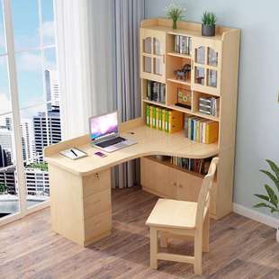 实木转角书桌书架一体桌组合学生学习电脑台式桌家用角落桌小