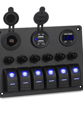 12-24游艇汽车改装6位面板开关带保护器USB电压表组合蓝色光