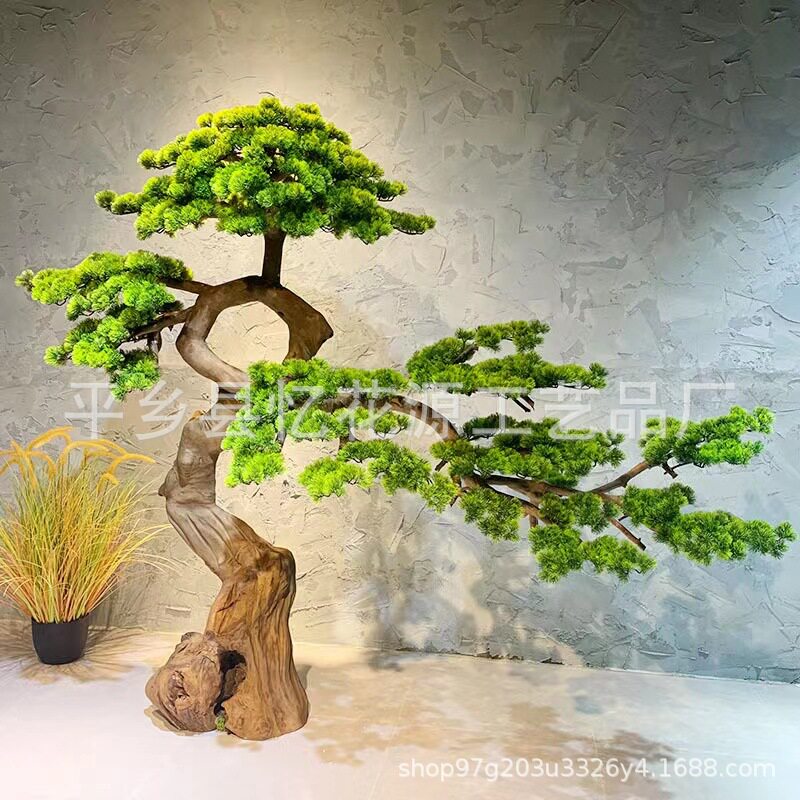 实木雕刻高仿真迎客松盆景