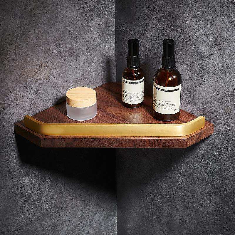 胡桃木卫生间置物架免打孔浴室转角架淋浴房洗澡间三角篮壁挂实木