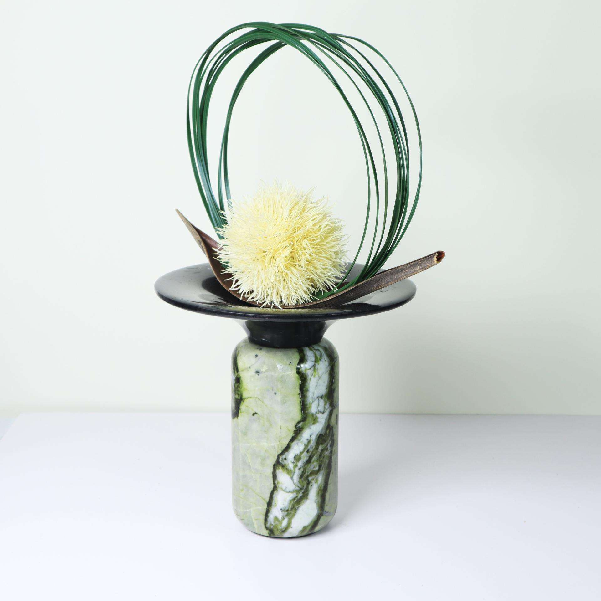 现代新中式天然大理石绿色喇叭花器盆景创意摆件桌面装饰品样板间