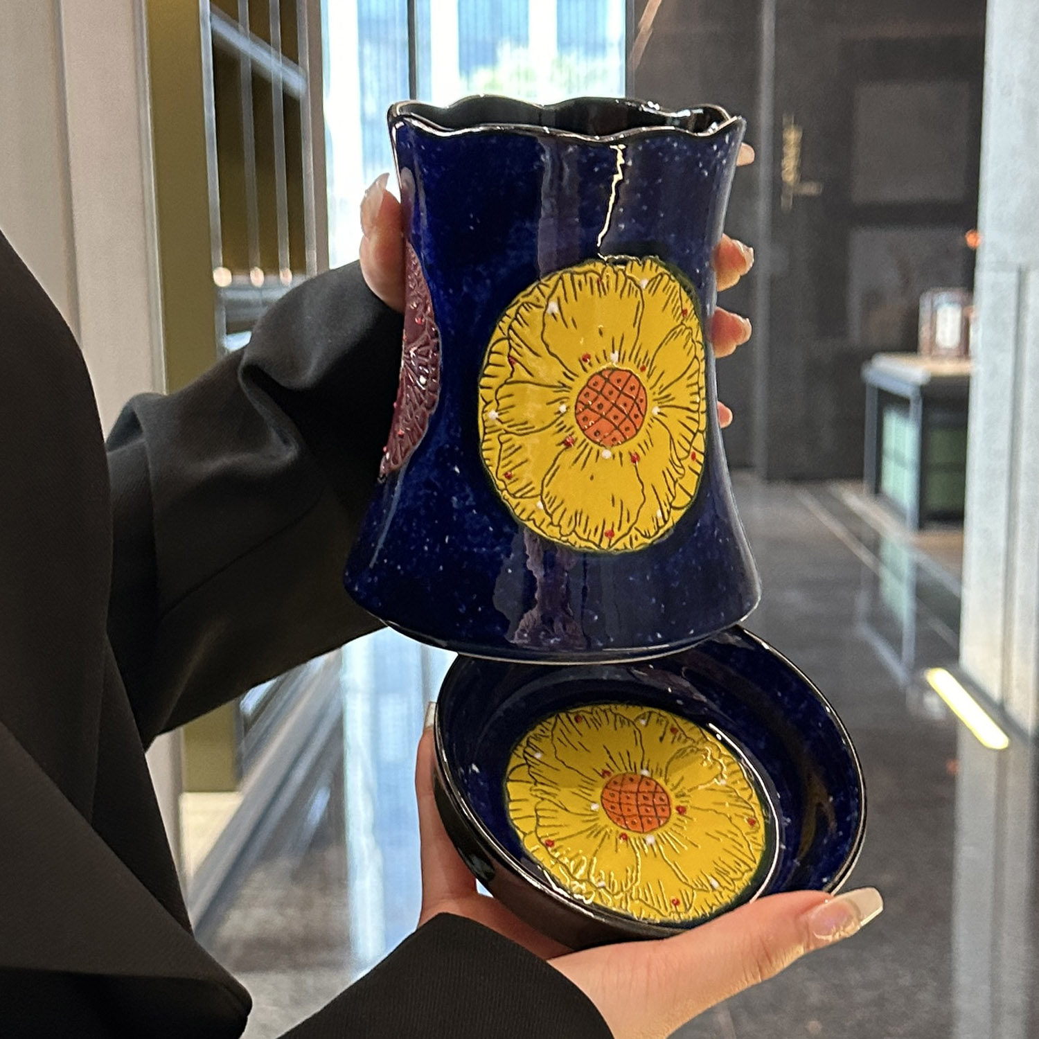 手绘陶瓷筷子筒繁花印象家用沥水筷笼现代风筷架收纳瓷制餐具收纳