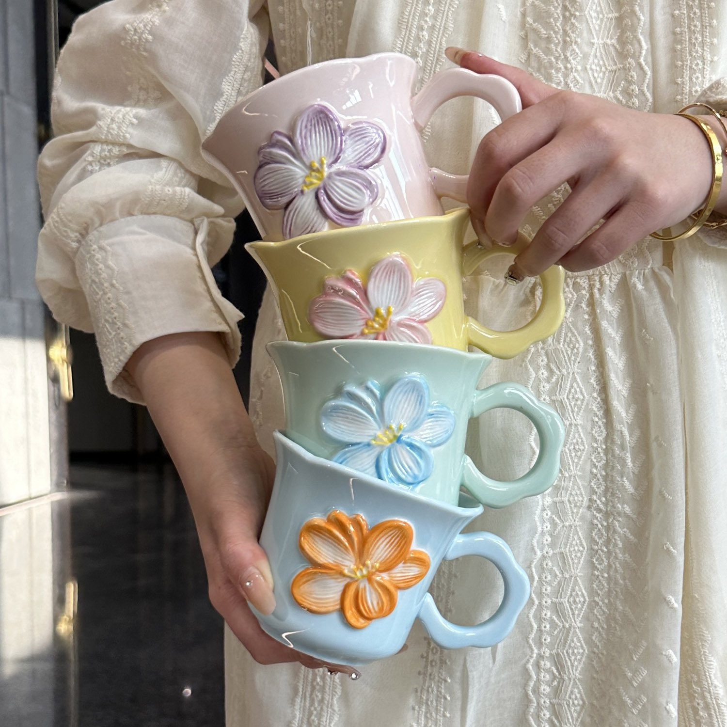 【老板娘自用漂亮】原创手绘花朵水杯陶瓷高颜值粉嫩彩色咖啡杯,餐饮具,马克杯,淘宝优惠券,粉丝福利购,淘宝优惠卷