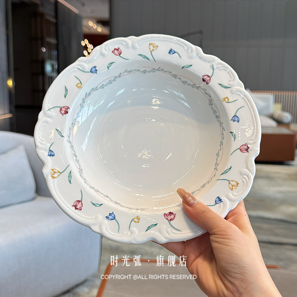 法式复古温柔粉边花卉深汤盘