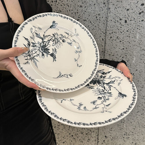 中古法式蓝色花卉餐盘复古盘