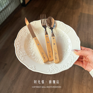 【老板娘自留款】ins风日版木柄刀叉勺304不锈钢餐具西餐三件套