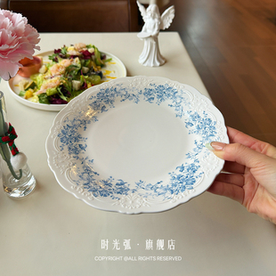 蓝白青花撞色浮雕！法式蓝色梦幻海棠花陶瓷西餐盘甜品盘平盘菜盘