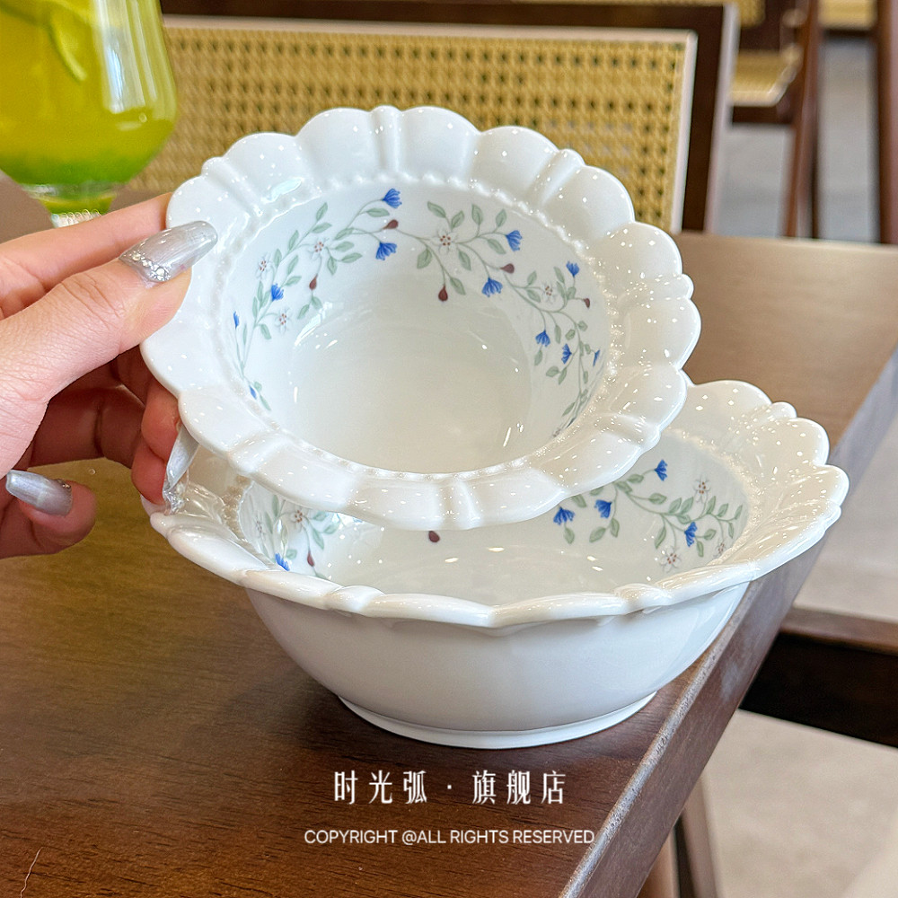 「餐桌美学花朵碗」法式复古蓝色花枝 陶瓷碗沙拉碗早餐碗米饭碗