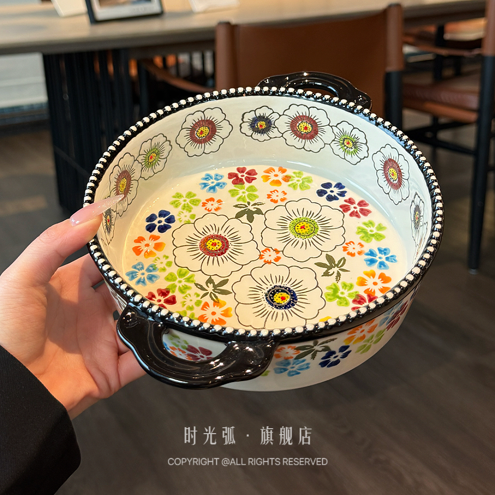 【老板娘自用】波兰风双耳盘子碗家用陶瓷深盘菜盘焗饭烤碗水果碗