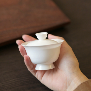 潮州骨瓷盖碗白瓷薄胎不烫手宽碗沿高足二才三才自如冲泡