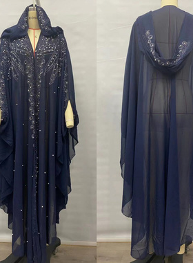 中东非洲烫钻订珠长袍穆丝林披肩连帽斗篷连衣裙蝙蝠袖罩袍长裙女