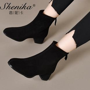 后拉链秋冬女单靴 女鞋 2025今年新款 磨砂羊猄短靴粗跟圆头百搭女款